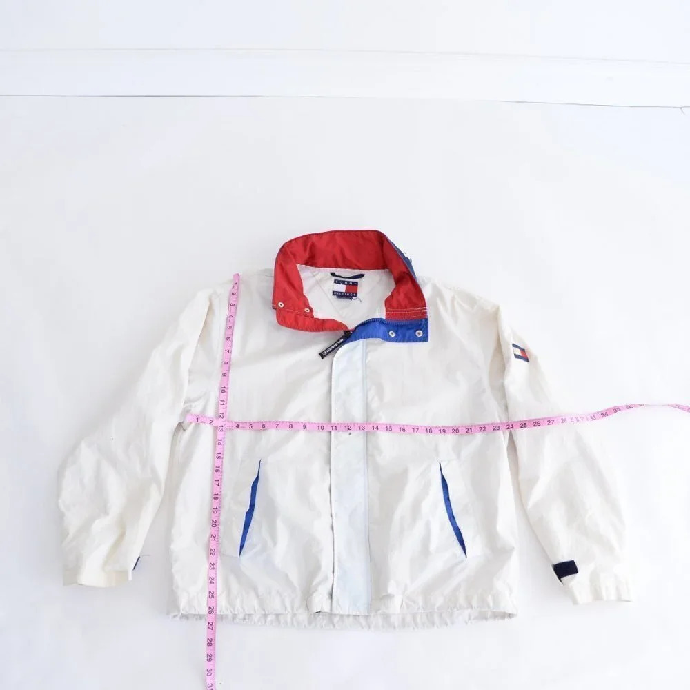 Vintage Y2K Tommy Hilfiger White Full Zip Windbreaker w Hidden Hood Size  Large - Picture 4 of 15